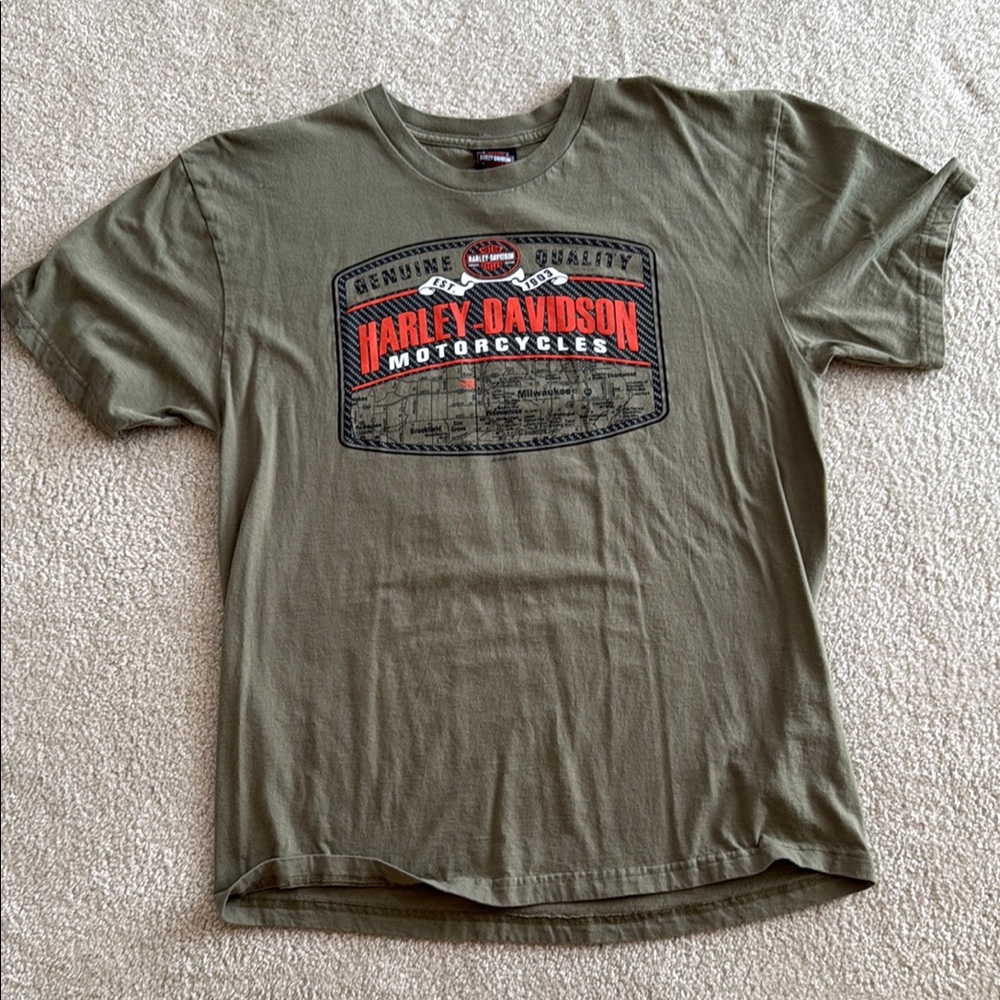 Harley-Davidson Green Short Sleeve Tee with Graphic Design